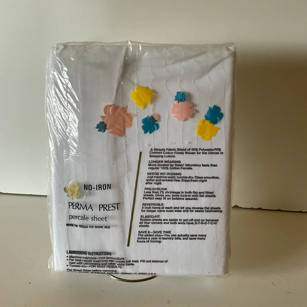 Vintage Sears Perma Prest Percale Twin Flat 72” x 104” White Sheet